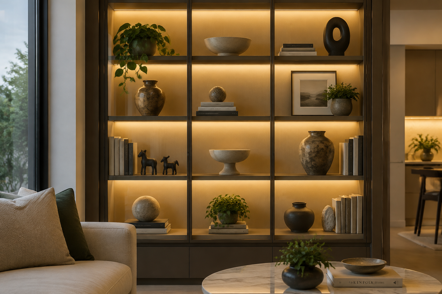 Vitrine moderne éclairée avec une mise en scène d'objets.