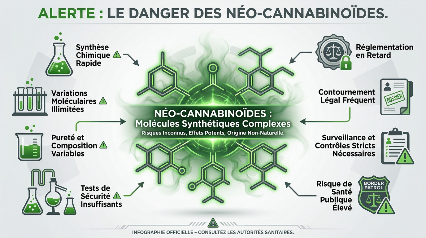 Schéma complexe de la synthèse chimique des néo-cannabinoïdes en laboratoire