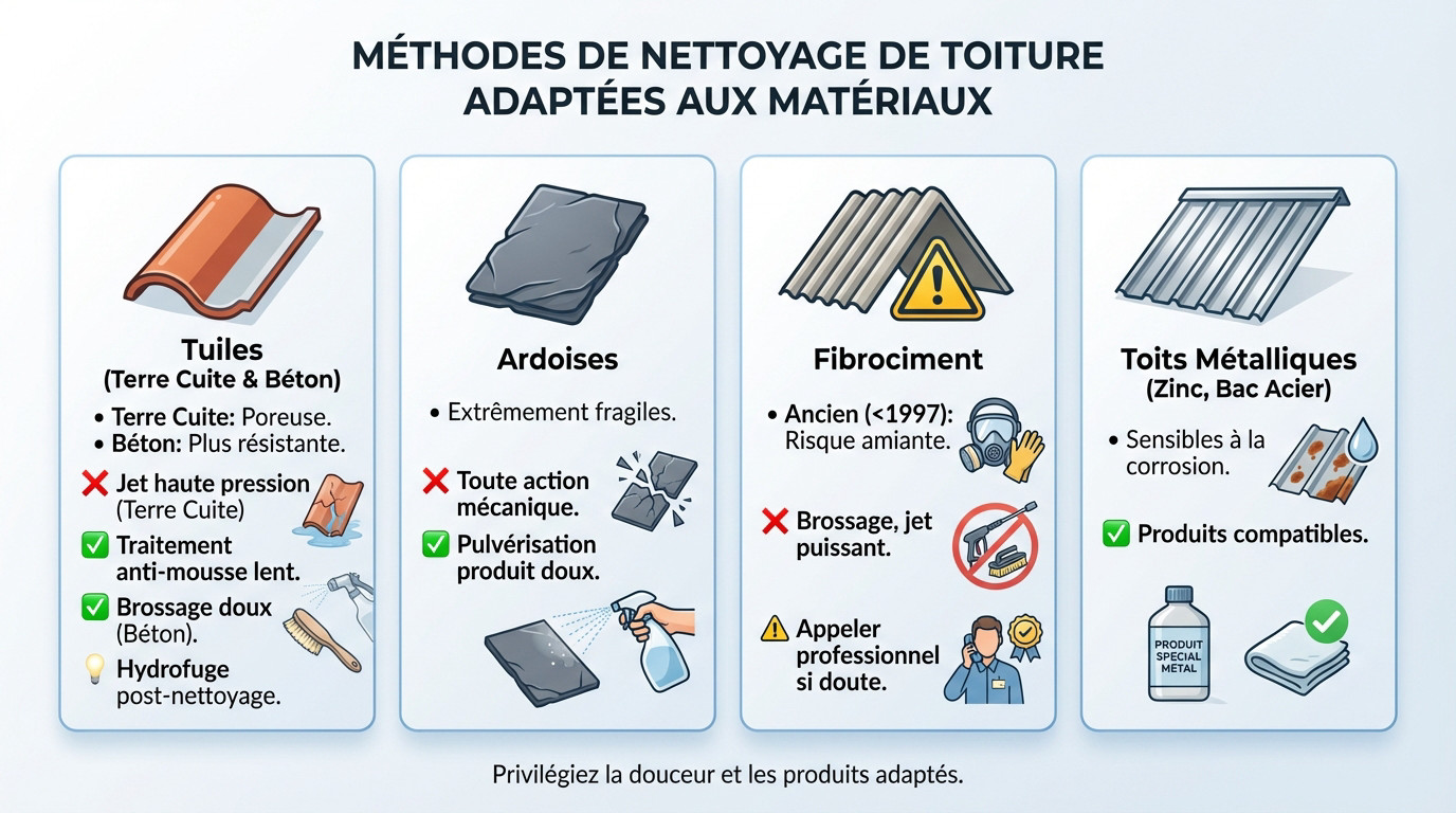 Tableau r&eacute;capitulatif des m&eacute;thodes de nettoyage de toiture adapt&eacute;es selon les mat&eacute;riaux comme la tuile ou l'ardoise