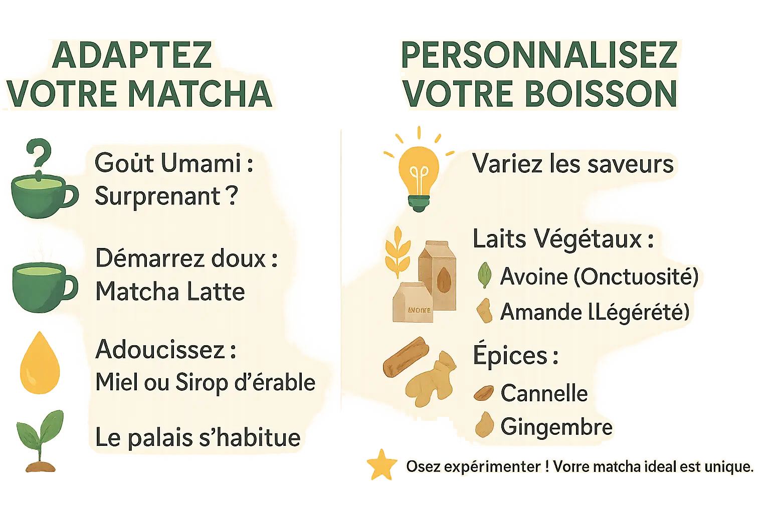 Illustration des différentes façons d'adapter son matcha