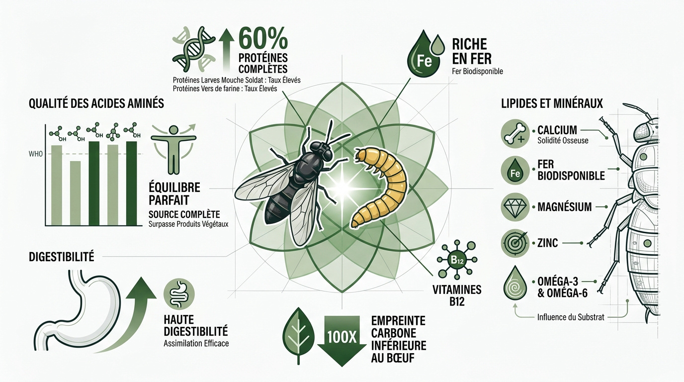 Larves de mouche soldat noire et vers de farine pour la nutrition