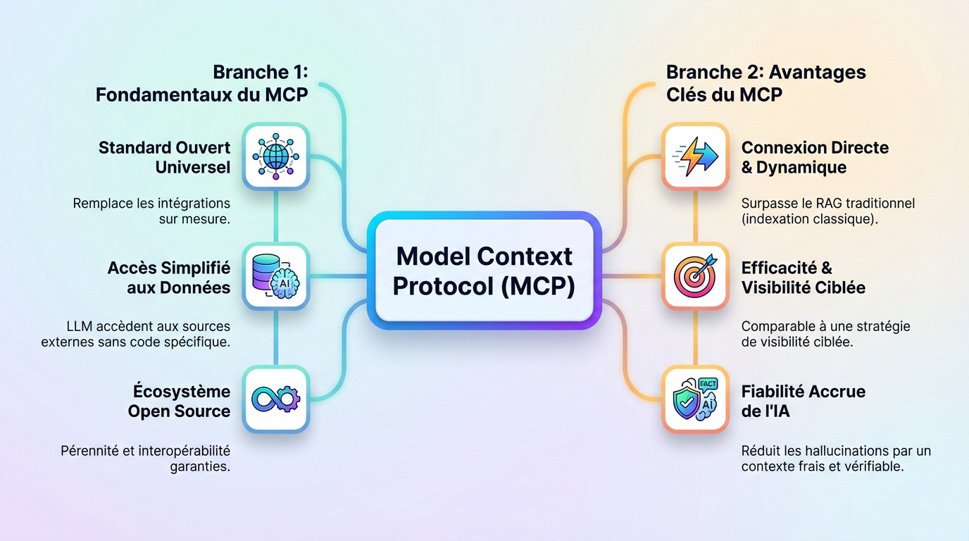 Schéma explicatif du Model Context Protocol illustrant la connexion standardisée entre l'IA et les outils business