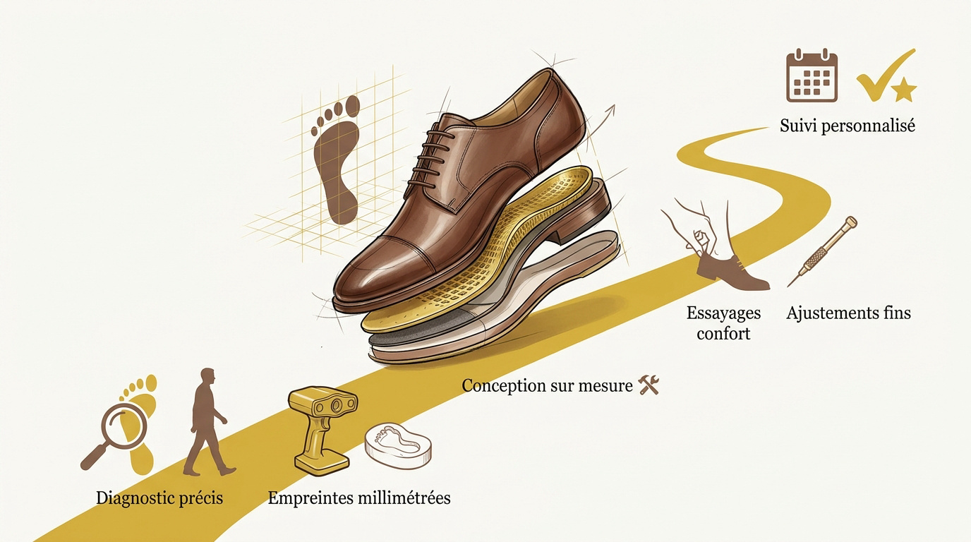 Processus de fabrication d'une chaussure orthopédique sur mesure pour femme avec scan 3D et ajustements cliniques