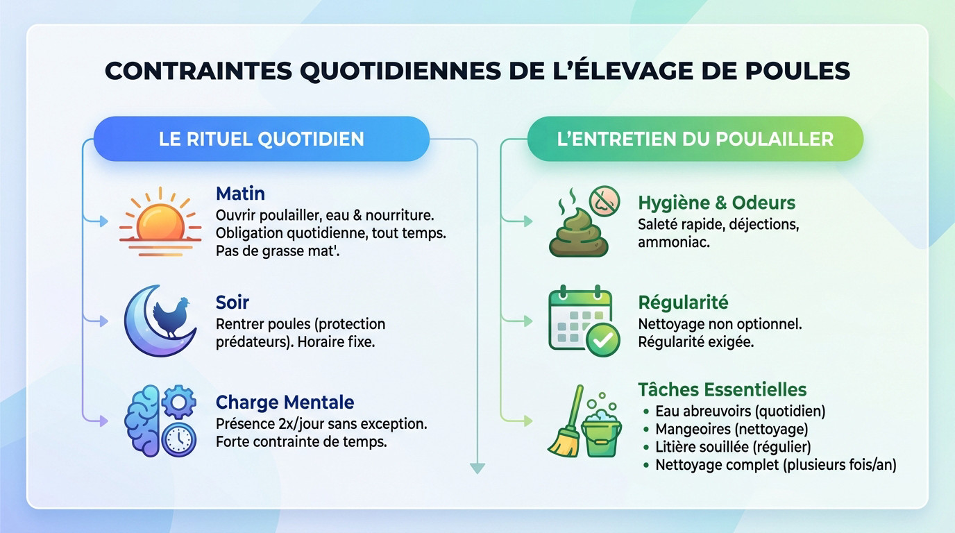Femme nettoyant un poulailler illustrant les contraintes quotidiennes de l'élevage de poules