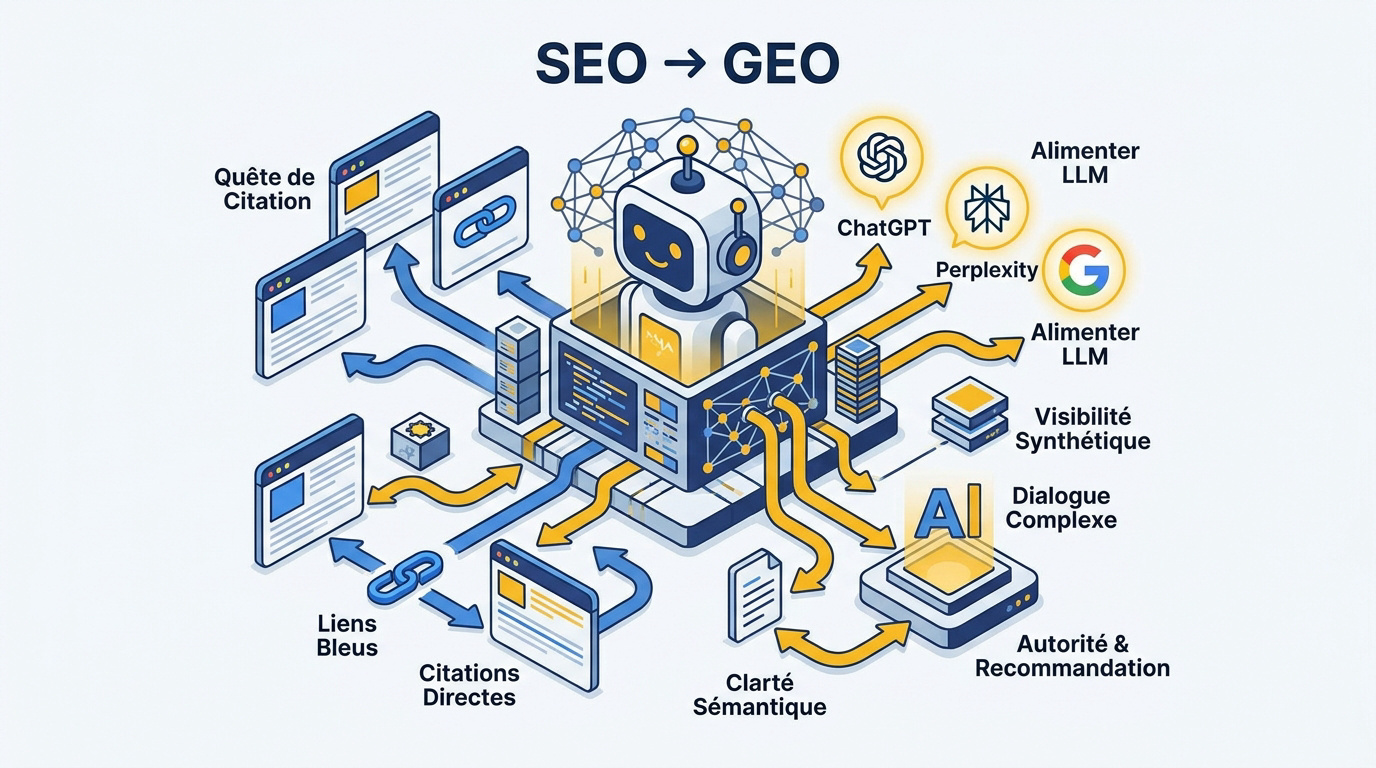 Schéma montrant l'évolution du SEO traditionnel vers le GEO piloté par l'IA
