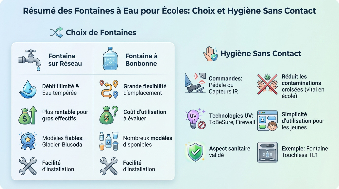 R&eacute;sum&eacute; des types de fontaines &agrave; eau pour &eacute;coles : choix entre r&eacute;seau et bonbonne et hygi&egrave;ne sans contact