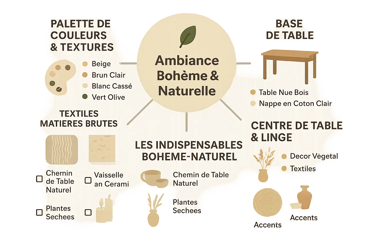 Table de fête minimaliste avec nappe en coton et éléments naturels