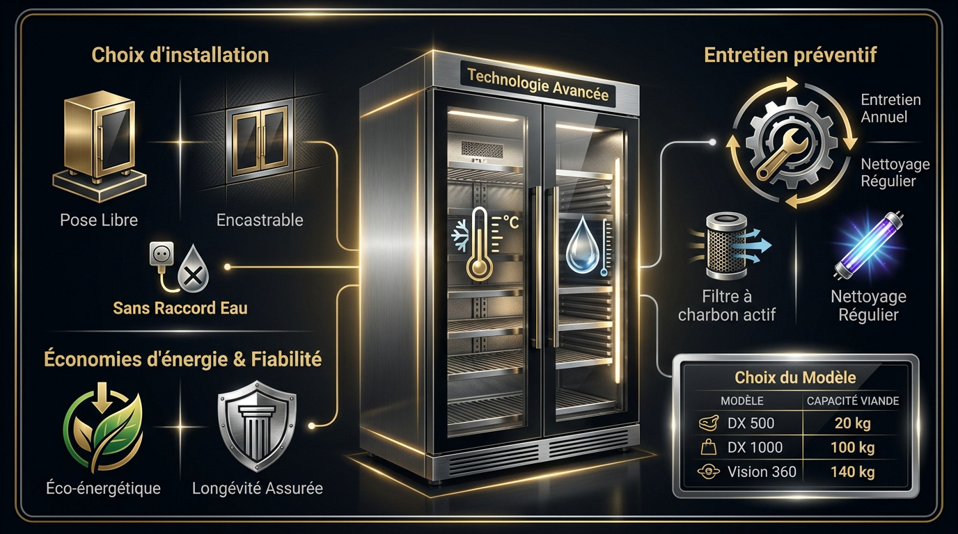 Cave de maturation premium : valoriser la viande grâce à une technologie de pointe 4 Infographie technique sur l'installation et la maintenance d'une armoire de maturation professionnelle
