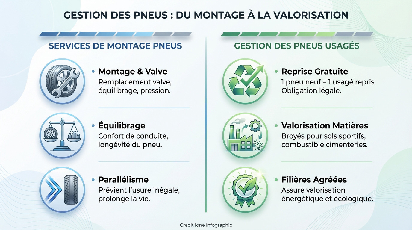 Schéma expliquant le cycle de vie d'un pneu, du montage en atelier jusqu'à sa valorisation en fin de vie