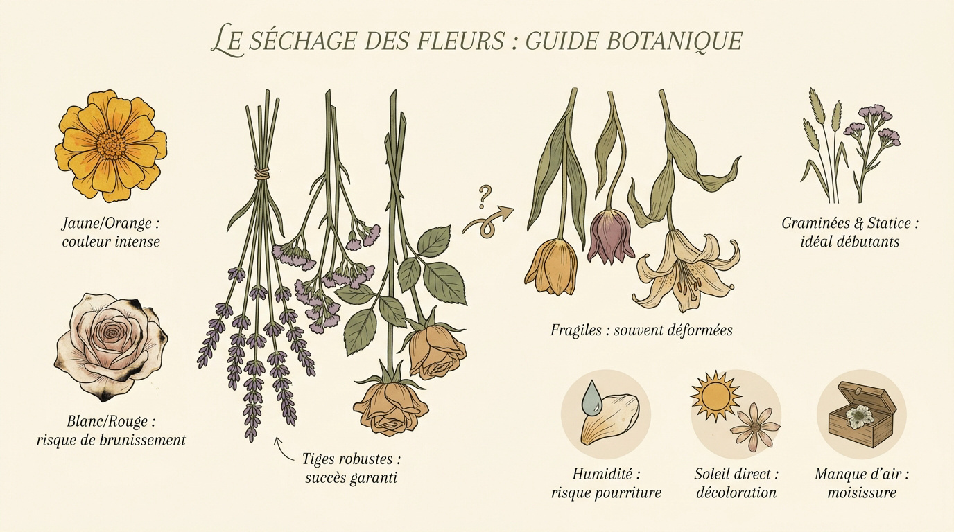 Guide botanique présentant différentes variétés de fleurs séchées et méthodes de conservation