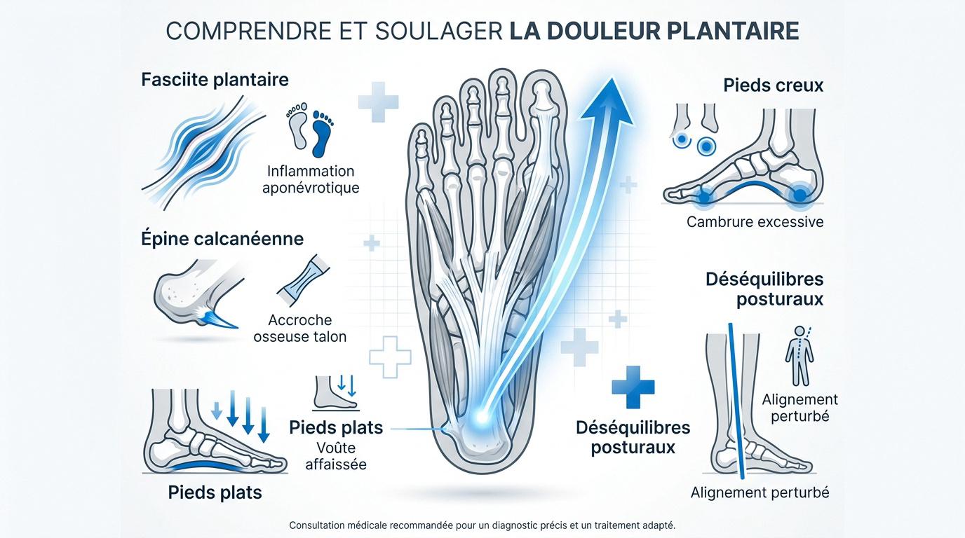Douleur sous la voûte plantaire : causes et soulagement Infographie détaillant les causes de la douleur plantaire et de la fasciite