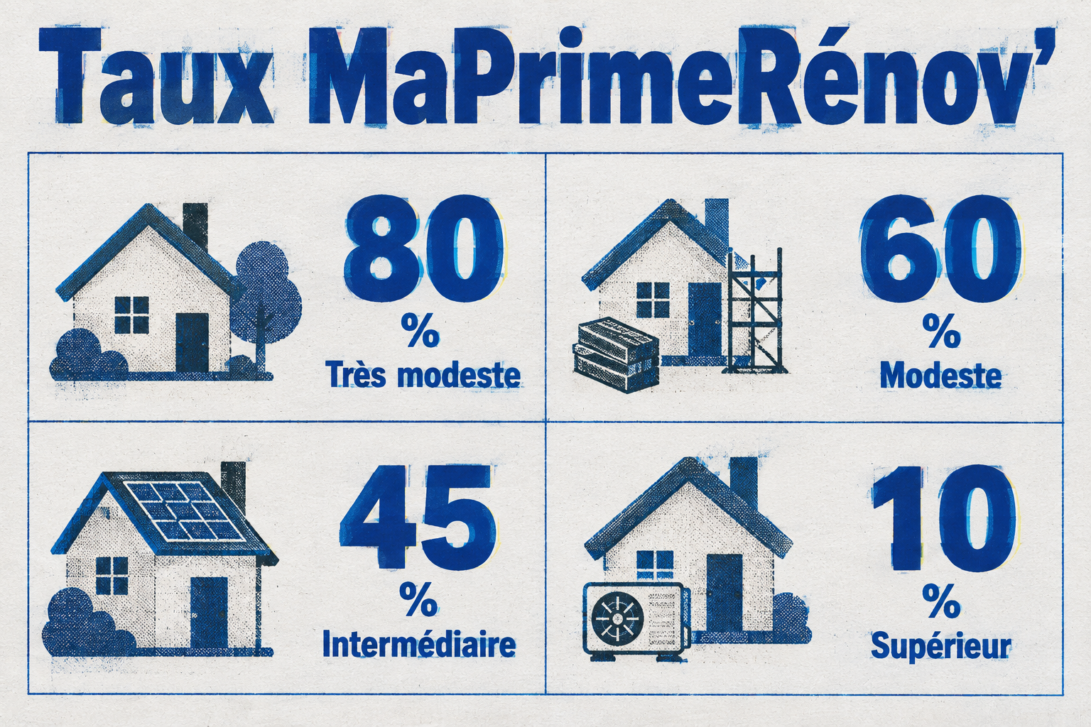 Taux d'aide MaPrimeRénov' selon le profil : 80 % très modeste, 60 % modeste, 45 % intermédiaire, 10 % supérieur.