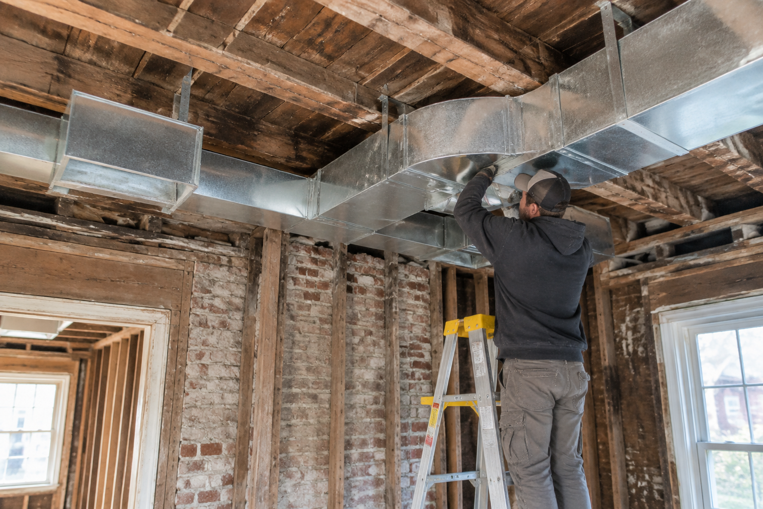 Chantier d'installation de gaines de ventilation dans une maison ancienne