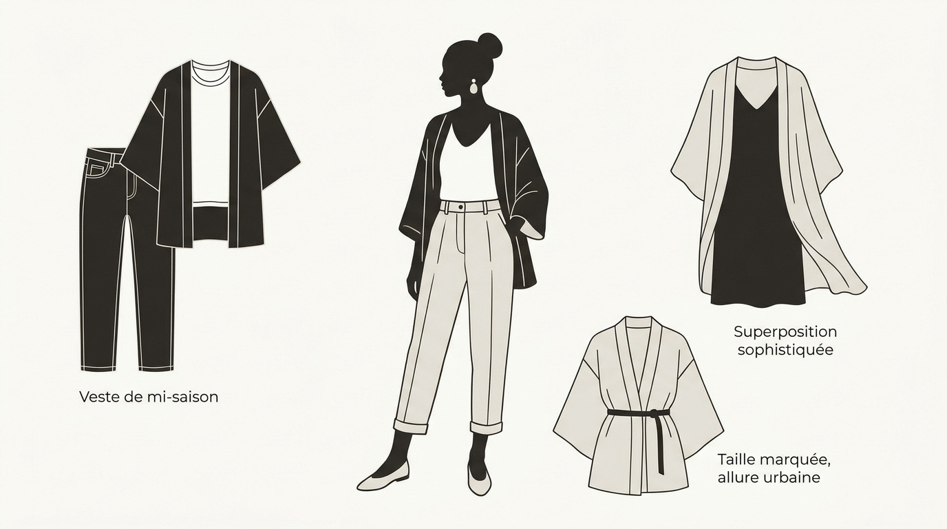 Femme portant un kimono court style japandi avec élégance