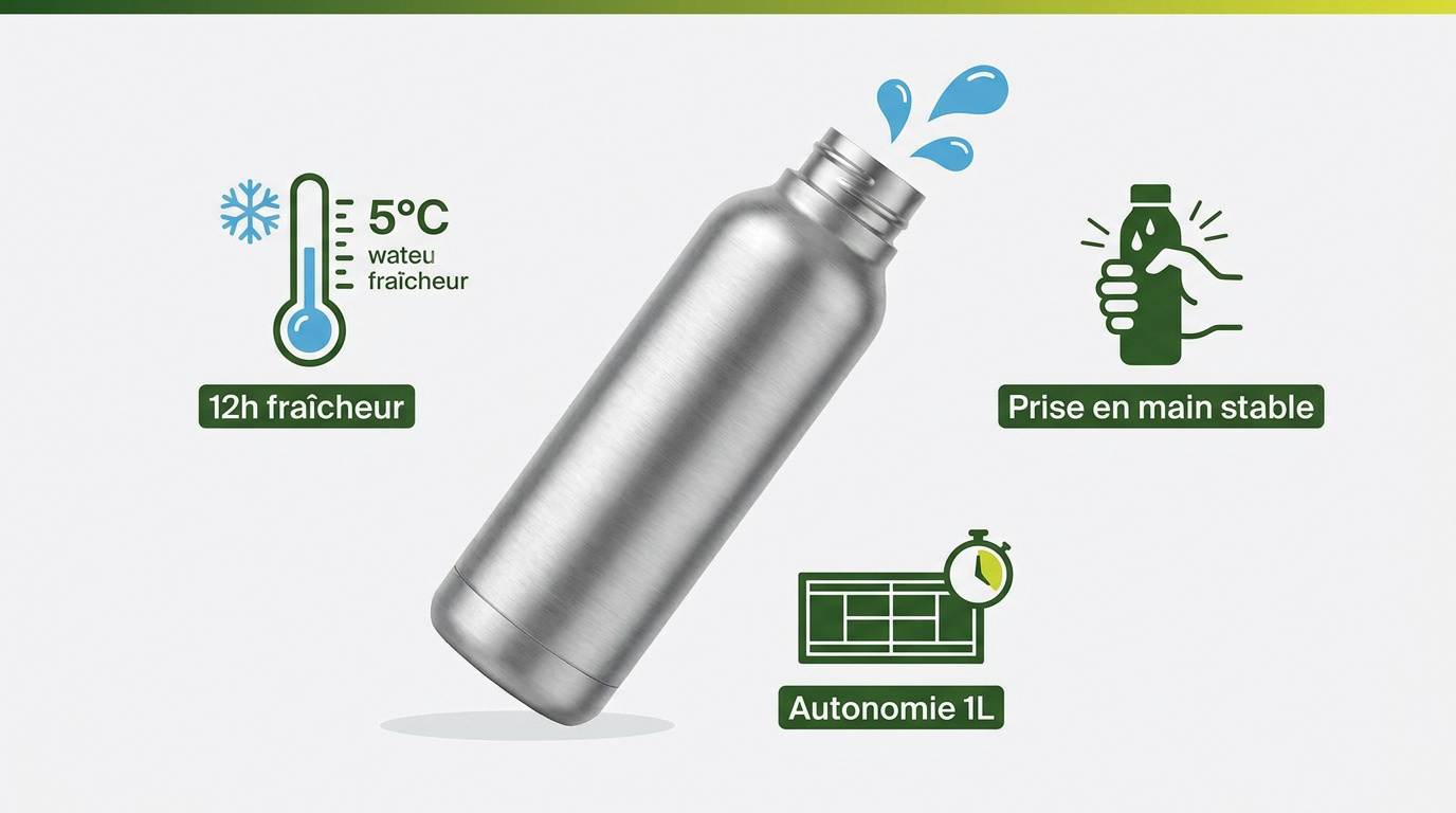 Infographie sur les avantages de la gourde inox pour le tennis : fraîcheur, prise en main et autonomie