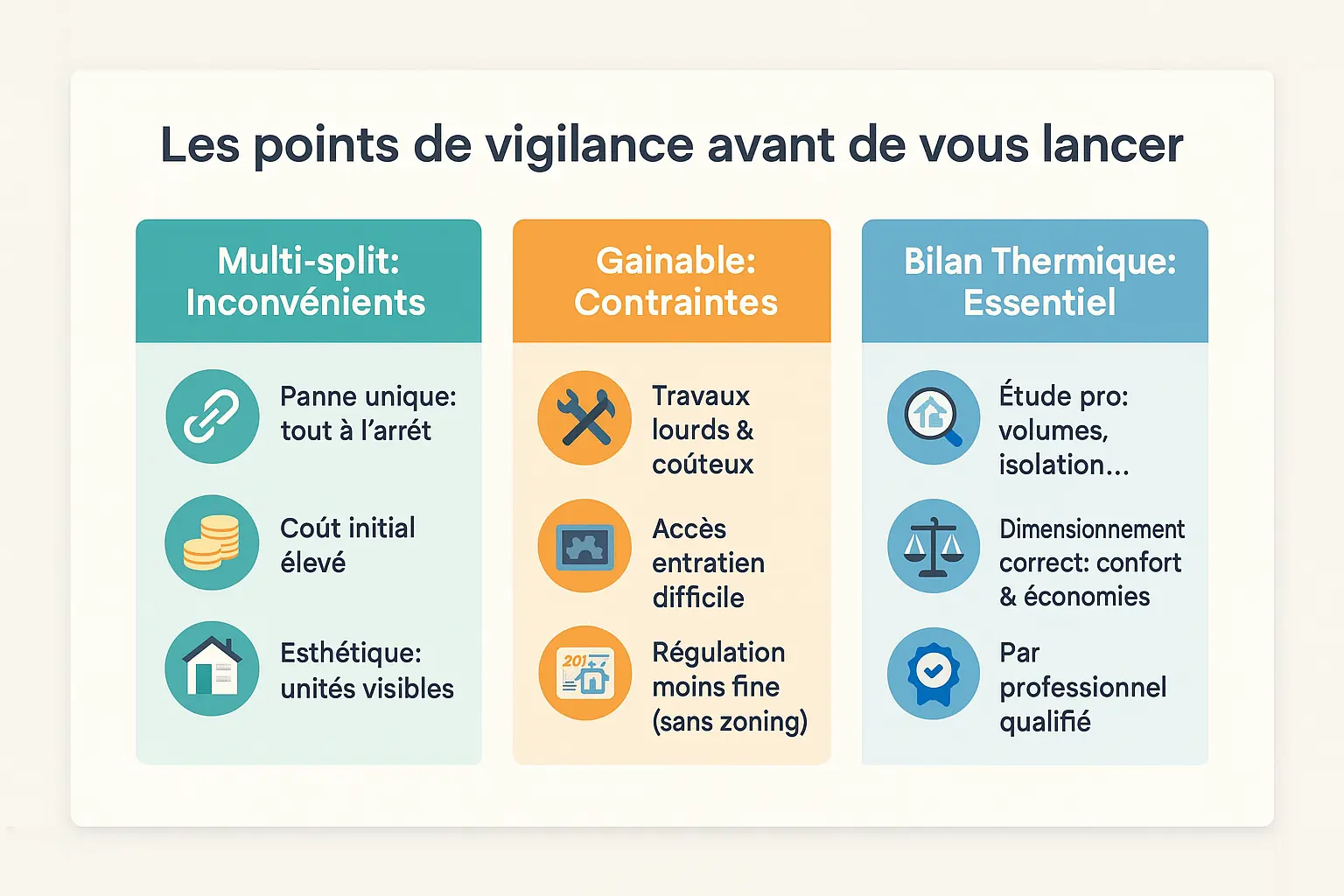 Infographie sur les points de vigilance avant l'installation d'un système de climatisation