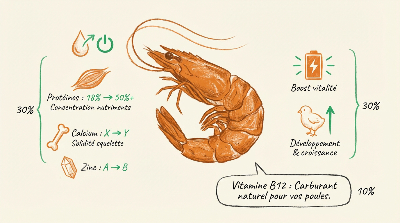 crevettes séchées riches en protéines pour l'alimentation des poules