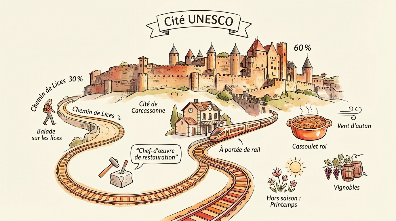 Vue panoramique des remparts et des tours de la Cité médiévale de Carcassonne