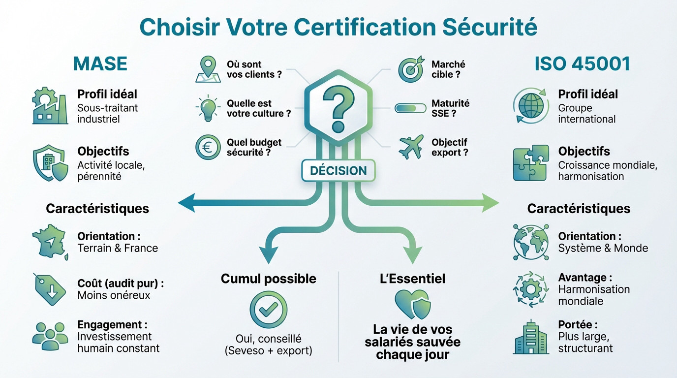 Tableau comparatif pour choisir entre la certification MASE et la norme ISO 45001 selon le profil de l'entreprise