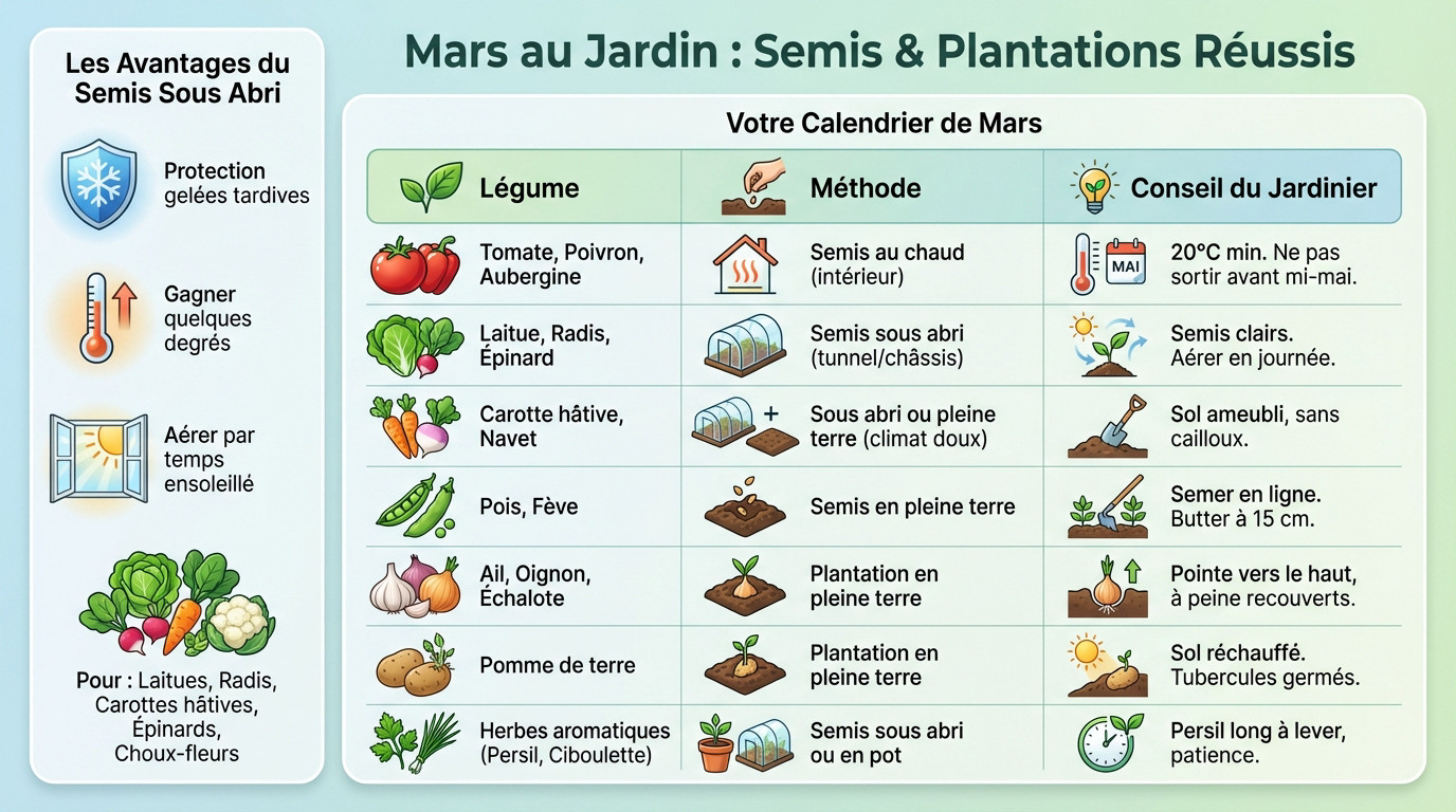 Jardinier préparant ses semis et plantations de légumes sous abri au mois de mars