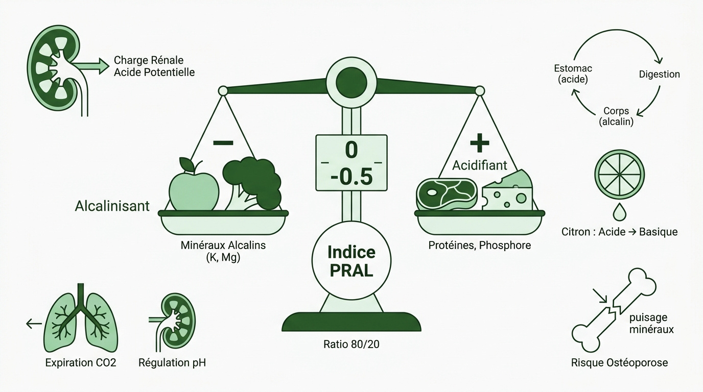Infographie expliquant l'indice PRAL et l'équilibre acido-basique pour optimiser sa santé