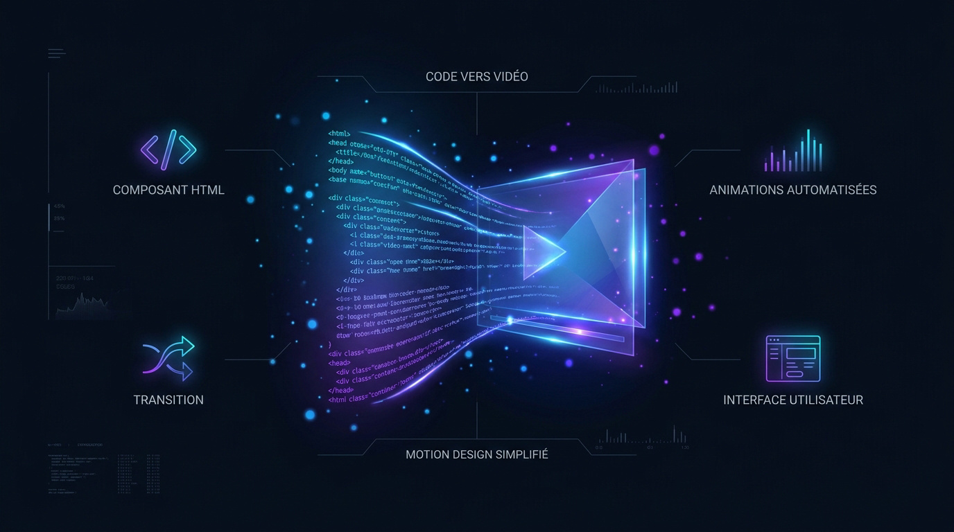 Interface futuriste fusionnant code informatique et montage vidéo dynamique