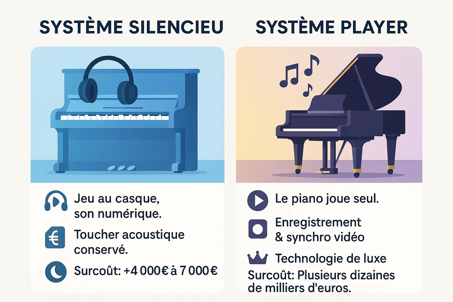 Système silencieux vs système player sur piano à queue