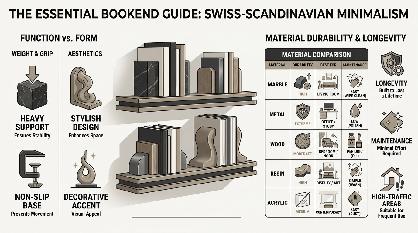 Minimalist modern bookends on a wooden shelf representing Scandinavian design.
