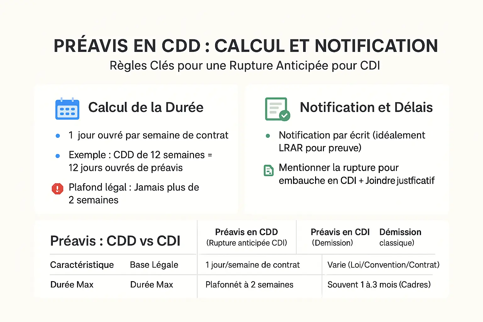 Illustration représentant le calcul du préavis lors d'une rupture anticipée de CDD pour un CDI