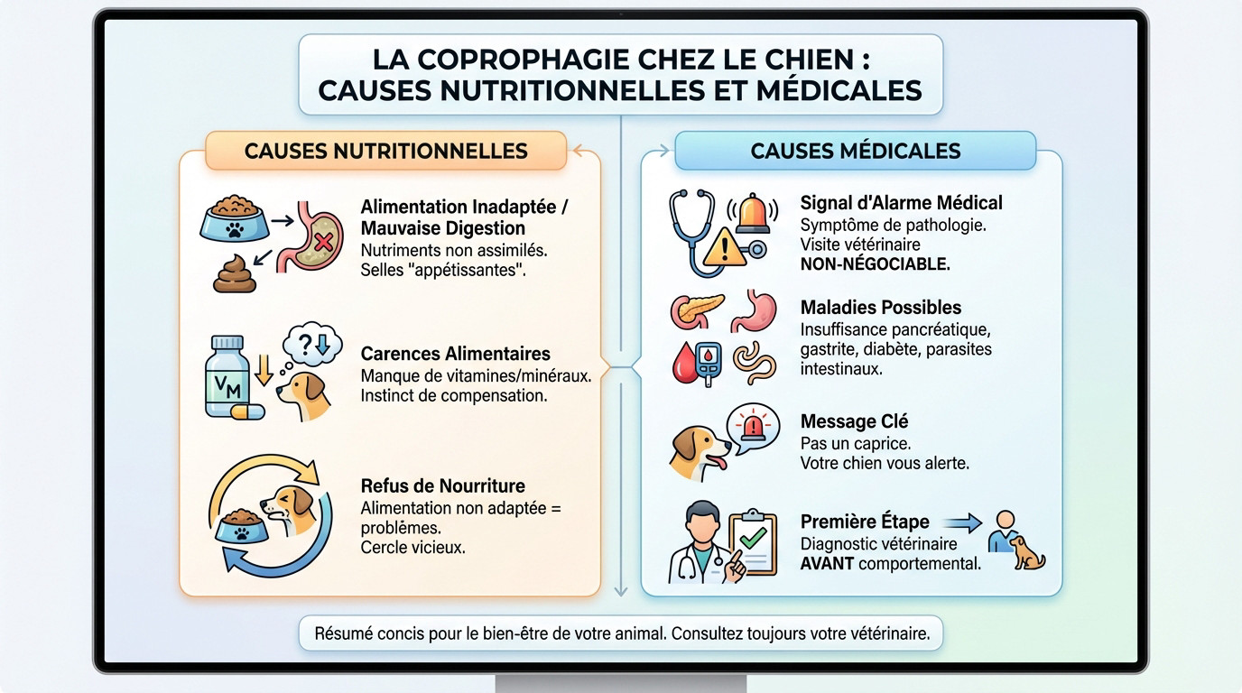 Chien examiné par un vétérinaire pour comprendre les causes médicales de la coprophagie