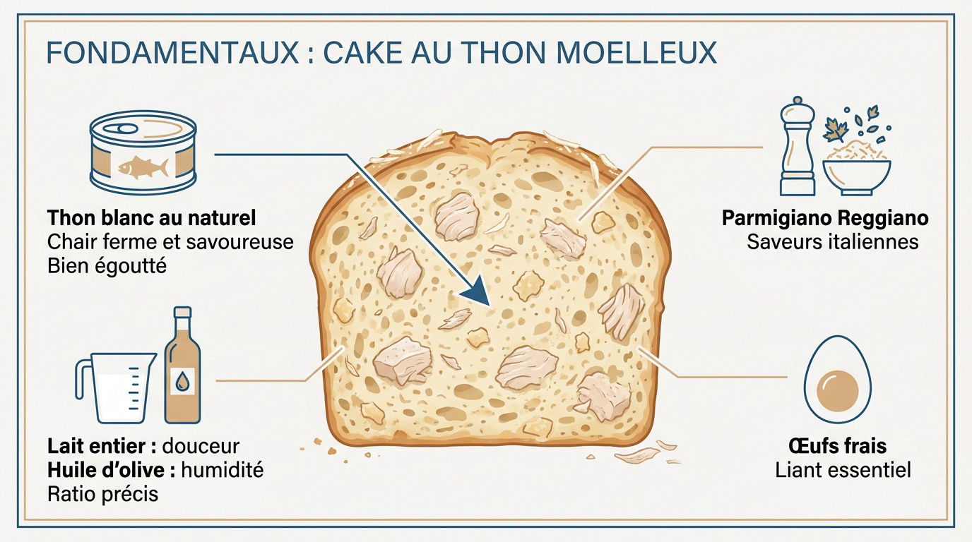 Ingrédients de qualité pour un cake au thon moelleux
