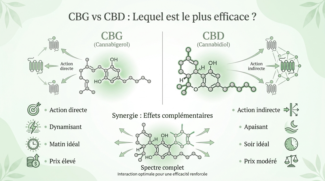 Comparaison visuelle entre les molécules de CBG et de CBD issues du chanvre