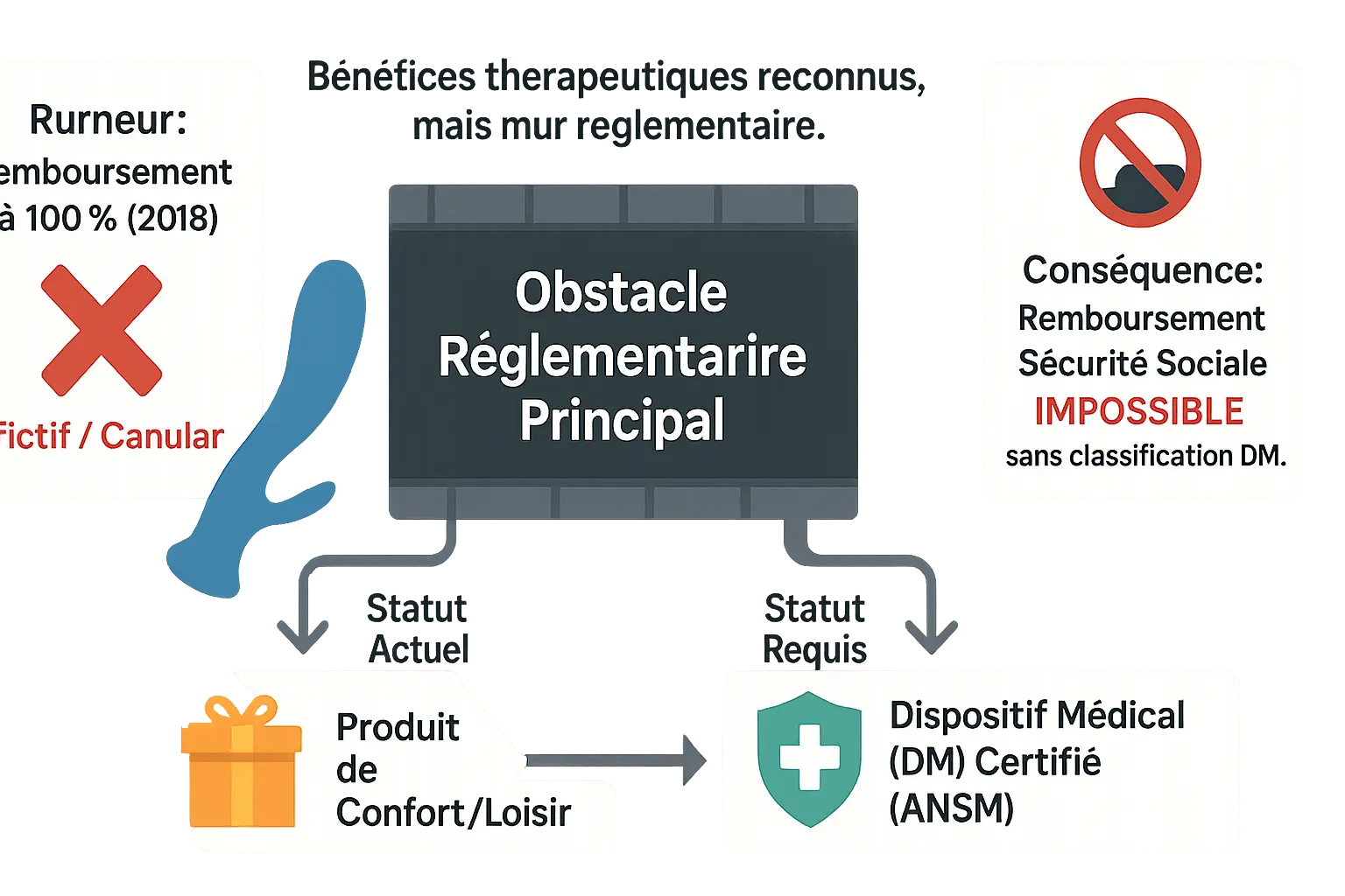 Illustration représentant un sextoy entouré de symboles médicaux et administratifs, symbolisant les freins réglementaires au remboursement.