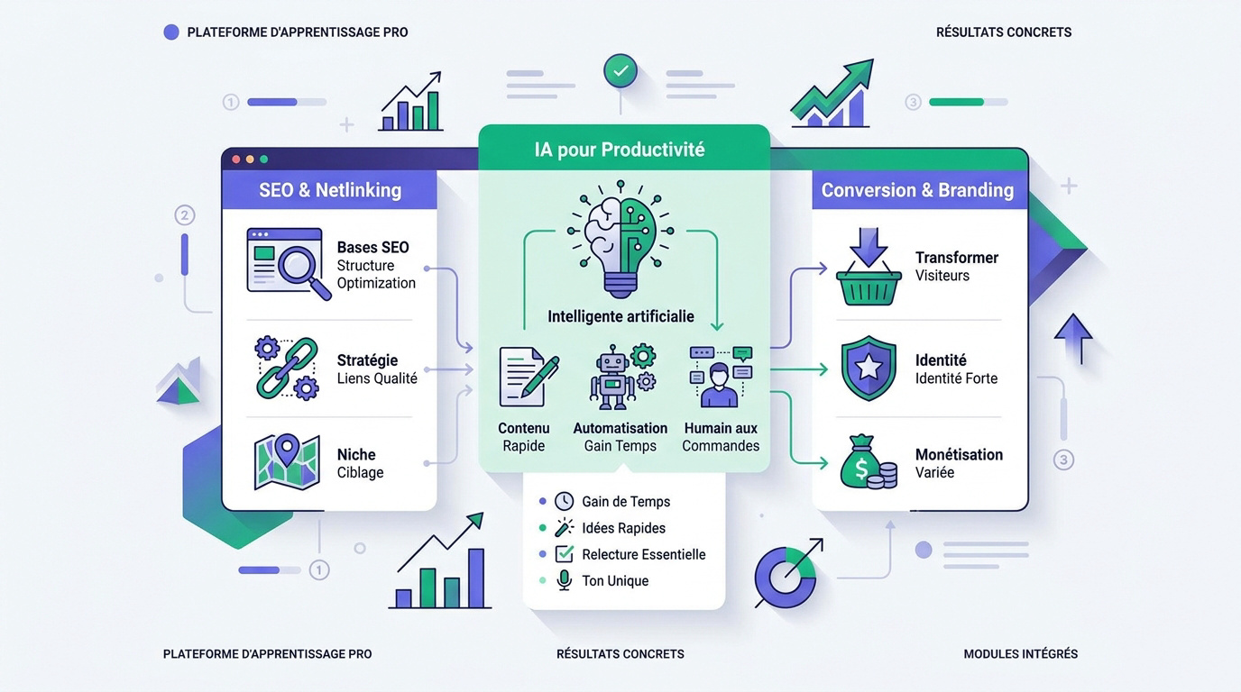 Interface de la plateforme Wizard Academy montrant les modules SEO et IA
