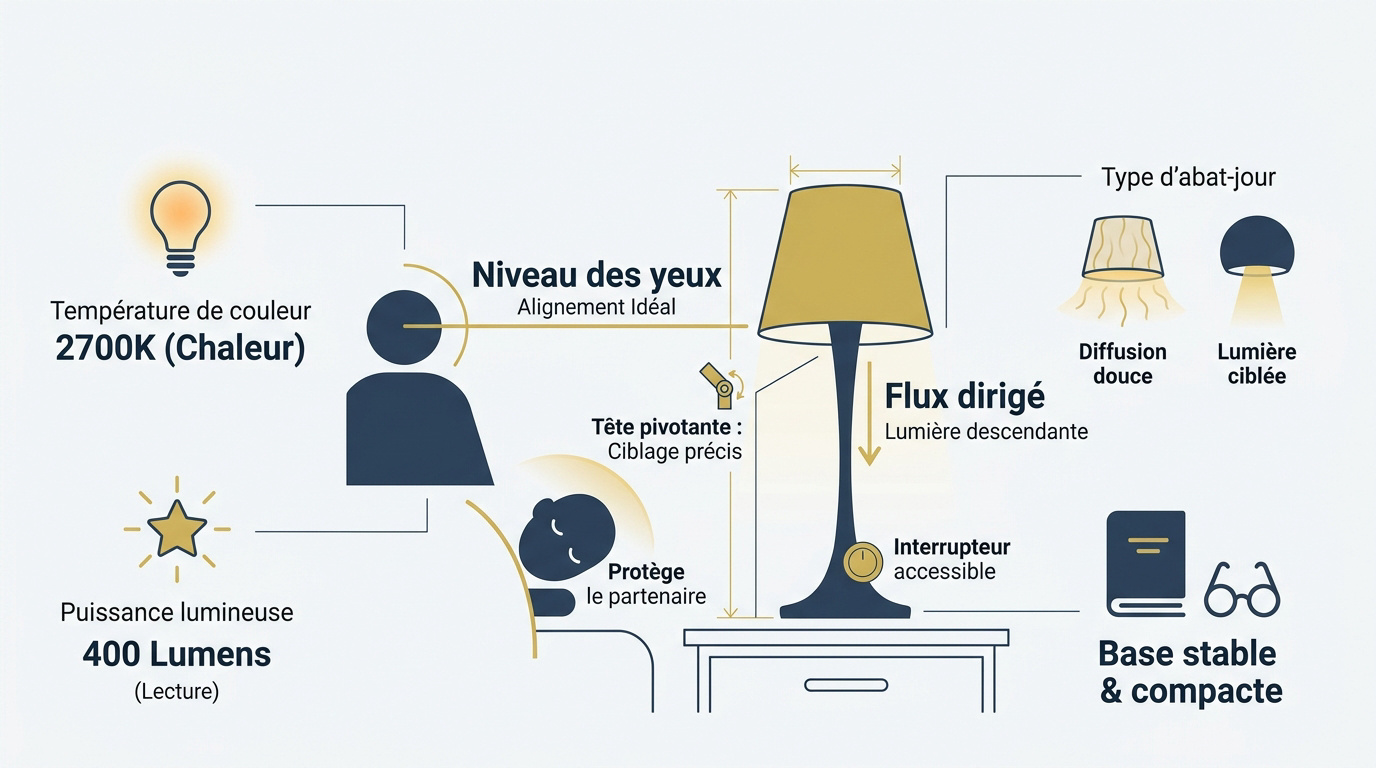 Guide visuel pour choisir la hauteur et le style d'une lampe de chevet LED minimaliste