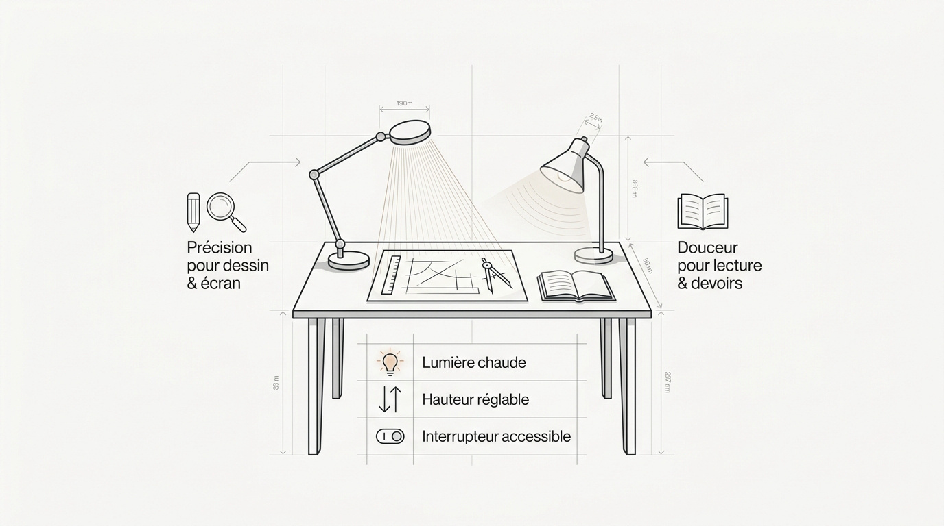 Infographie présentant une lampe-bureau pour le dessin de précision et une lampe douce pour la lecture