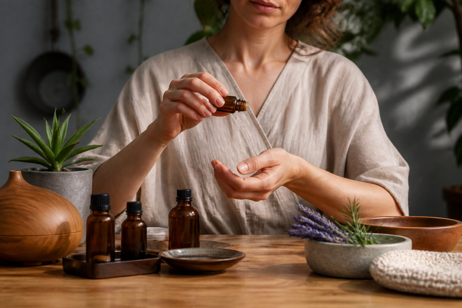 A drop of essential oil being applied to the back of a hand