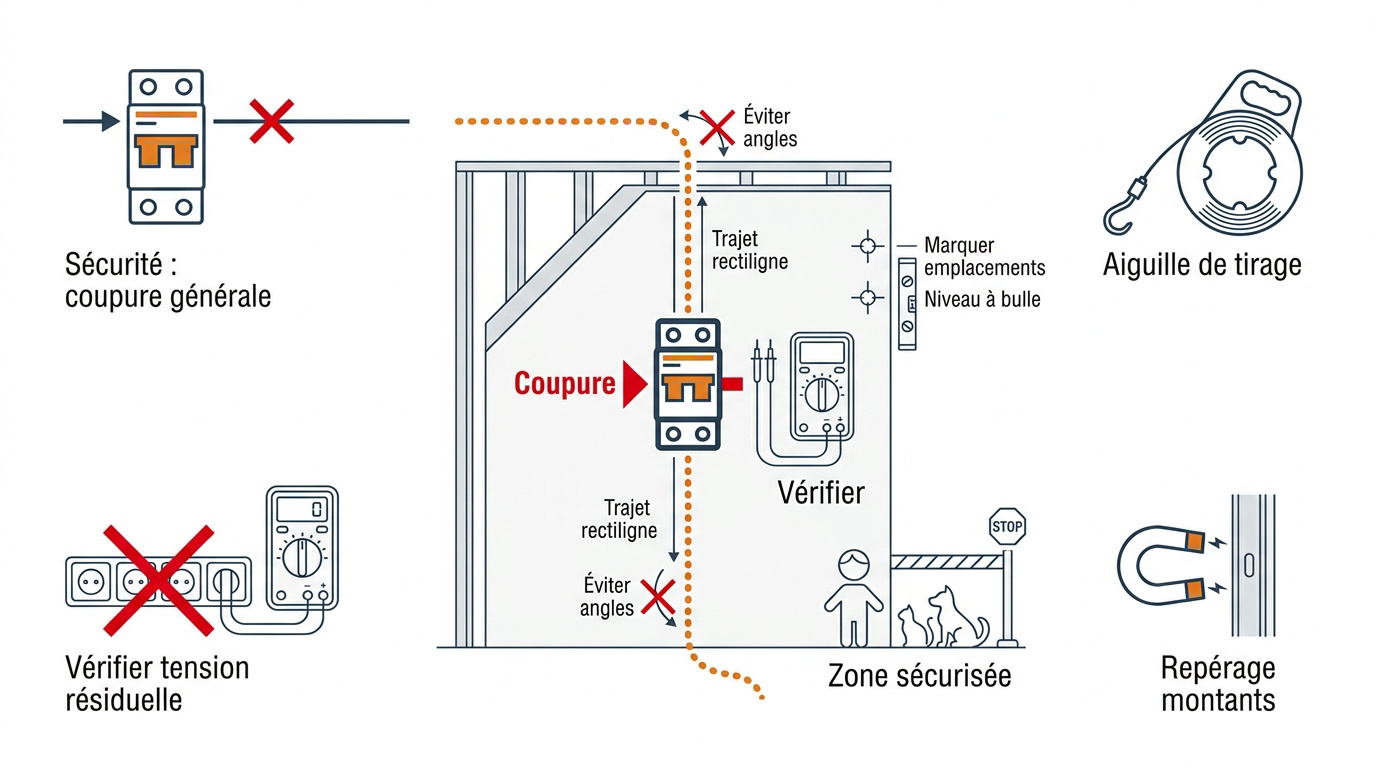 Infographie expliquant comment passer un câble dans une cloison en toute sécurité