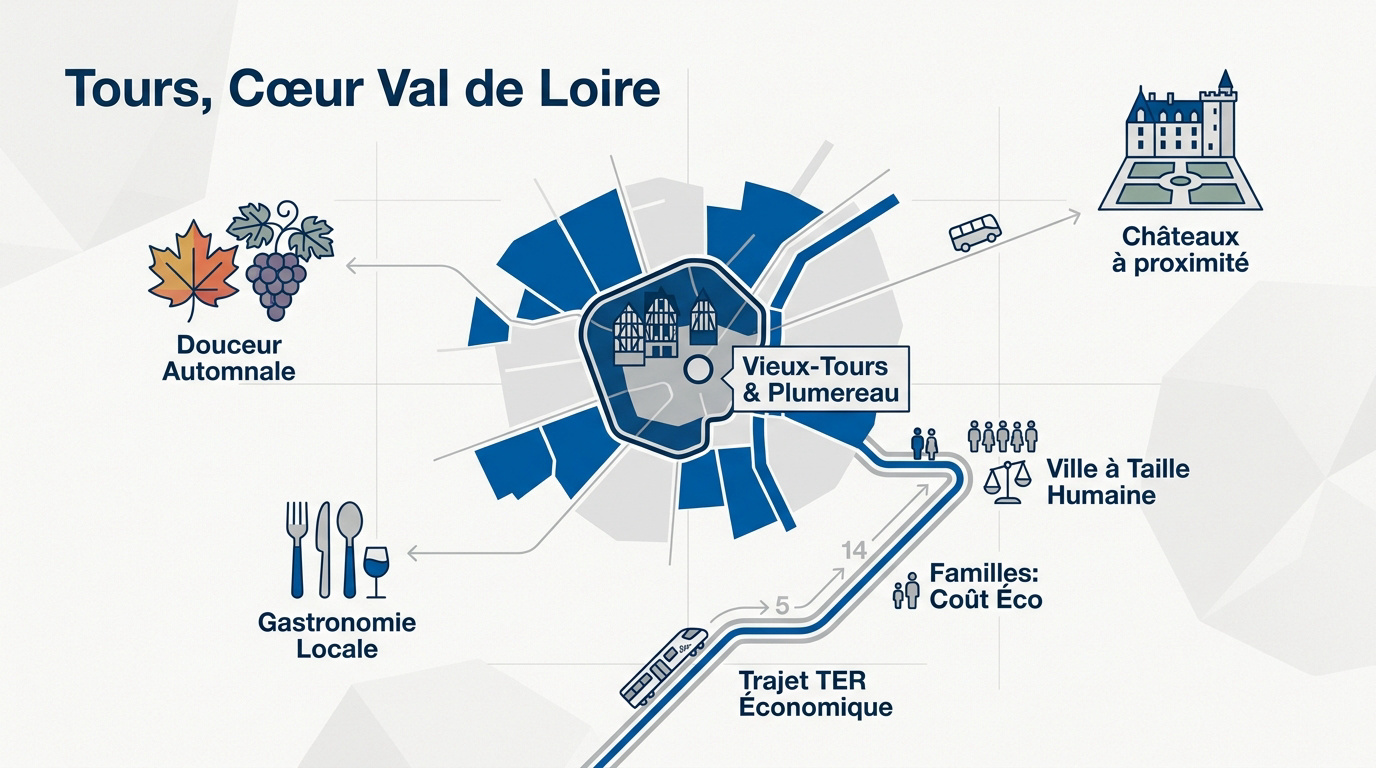 Vue aérienne du quartier historique de Tours et de la place Plumereau dans le Val de Loire