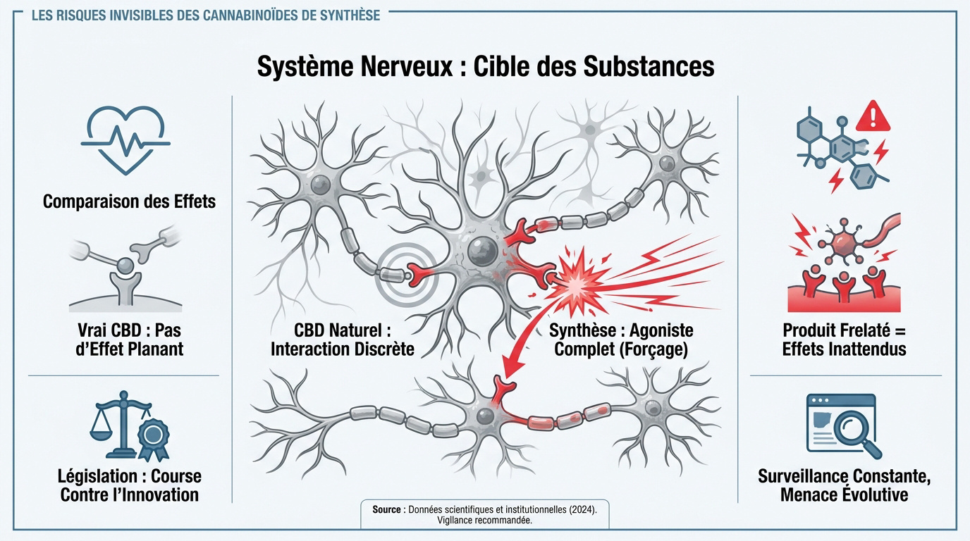 Schéma illustrant les risques des cannabinoïdes de synthèse sur le système nerveux humain