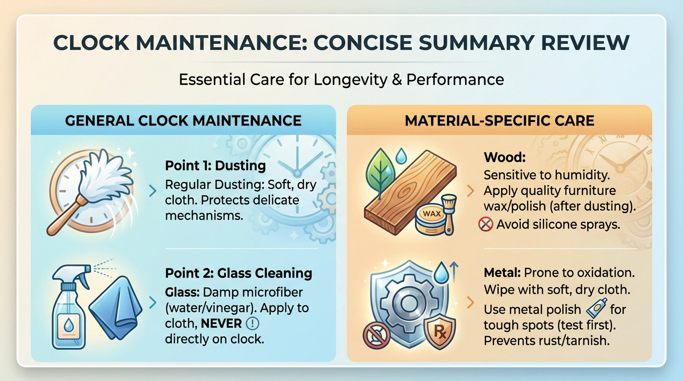 Summary of wall clock maintenance steps including dusting and material care