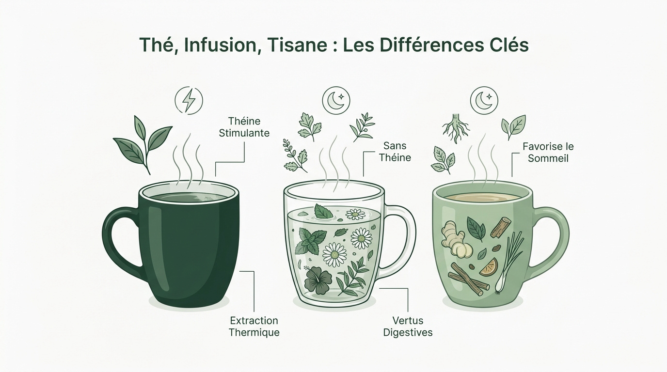 Comparaison visuelle entre feuilles de thé vert et plantes à infusion
