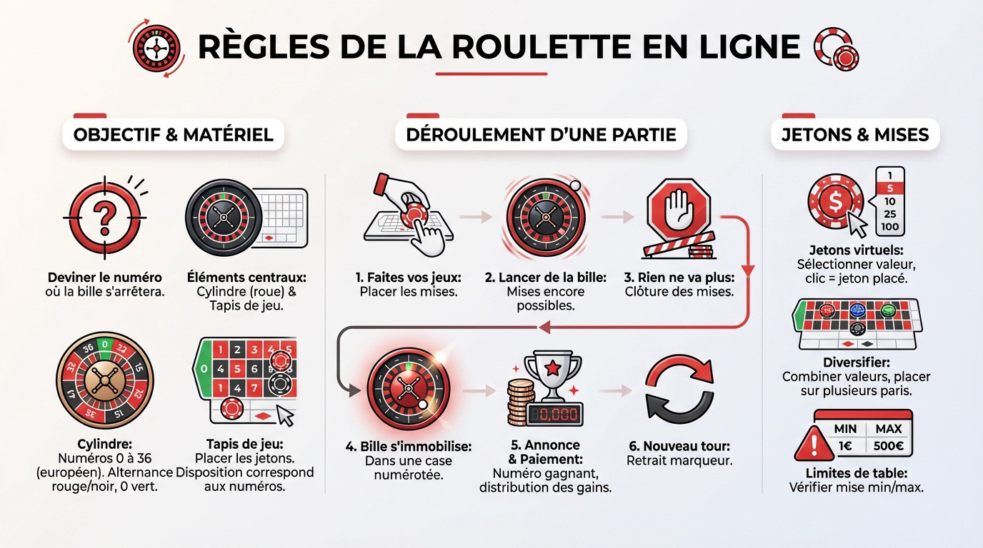 Table de roulette en ligne avec jetons et cylindre pour d&eacute;butants