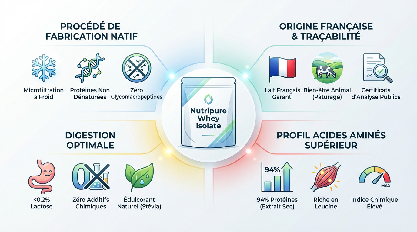 Infographie détaillant les caractéristiques clés de la Whey Isolate Native Nutripure : filtration à froid et origine française
