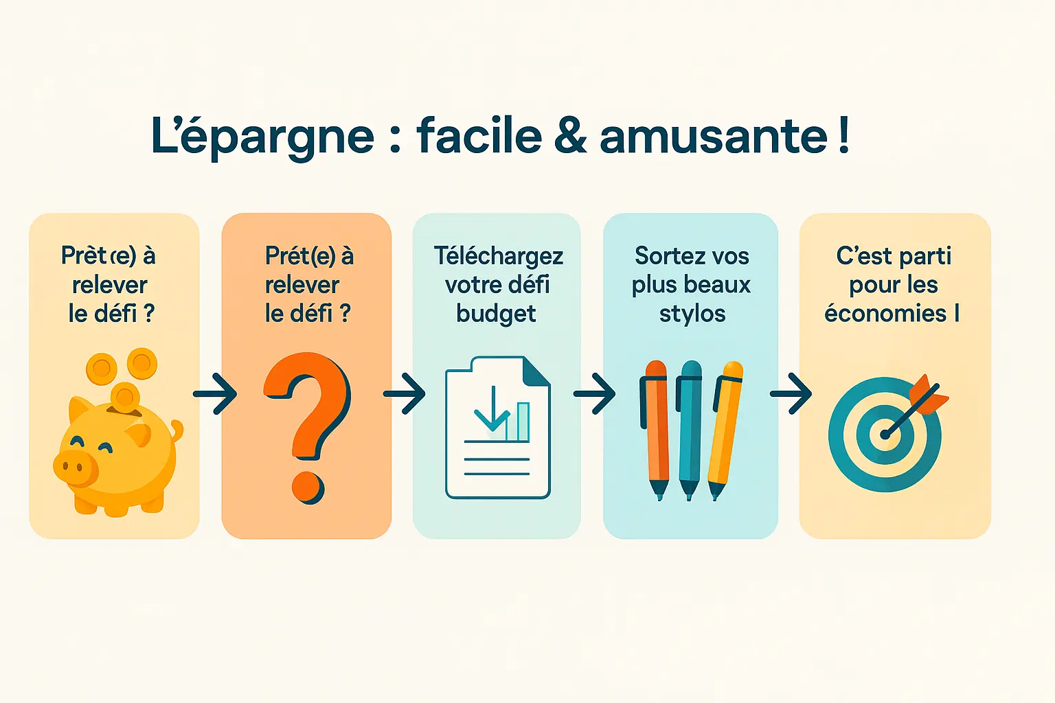 Illustration d'un défi d'épargne avec des billets et pièces colorés
