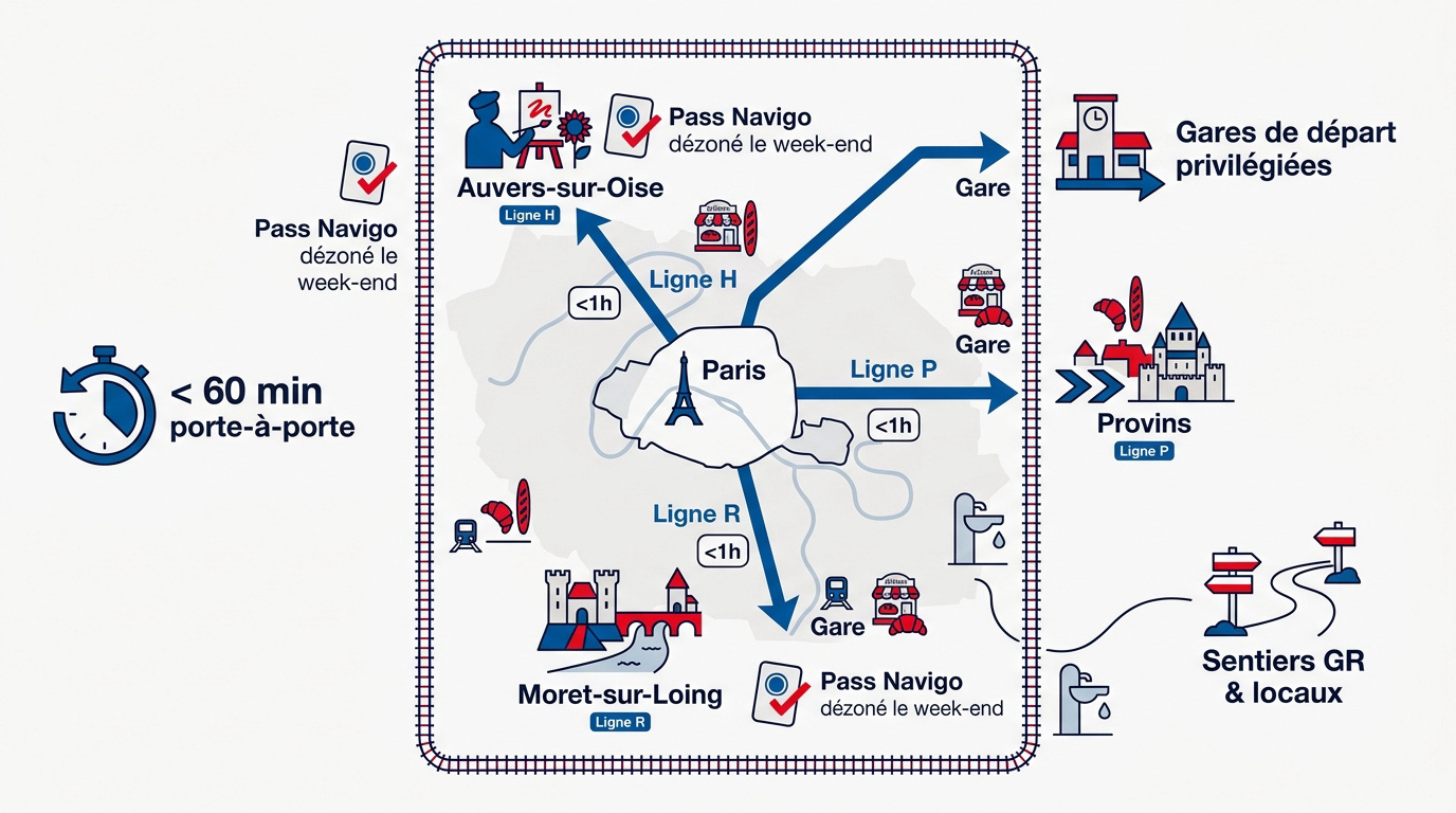 Vue d'un village pittoresque accessible en train depuis Paris