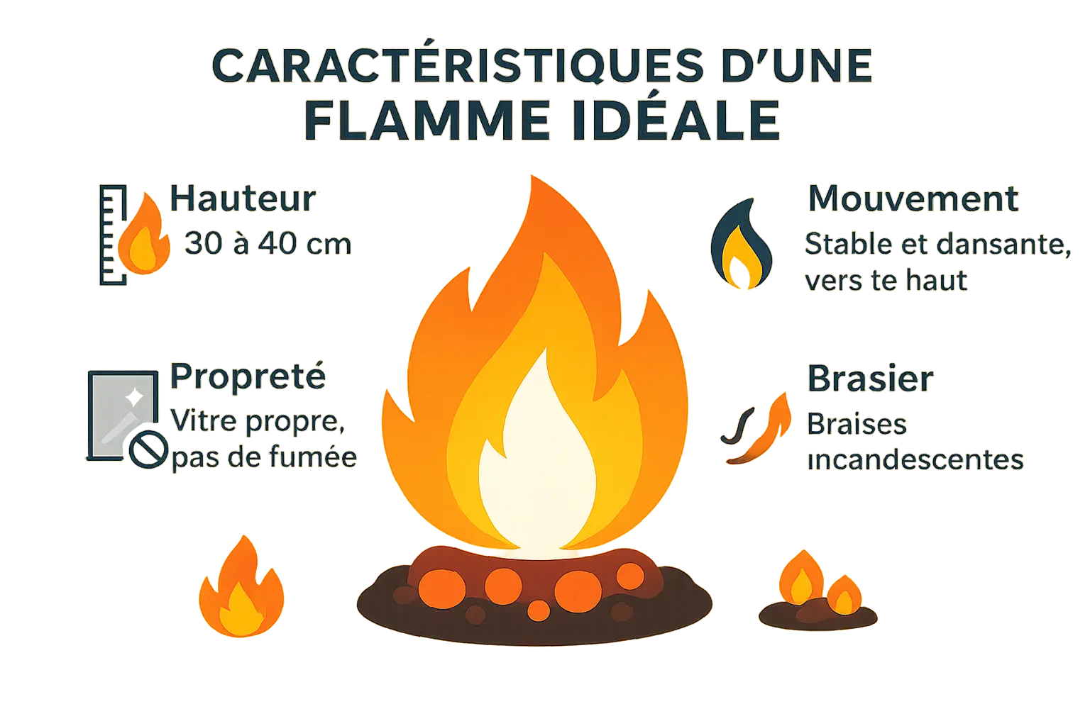 Infographie montrant les caractéristiques d'une flamme idéale pour un poêle à granulés : hauteur de 15-20 cm, couleur jaune vif, et mouvement vertical.