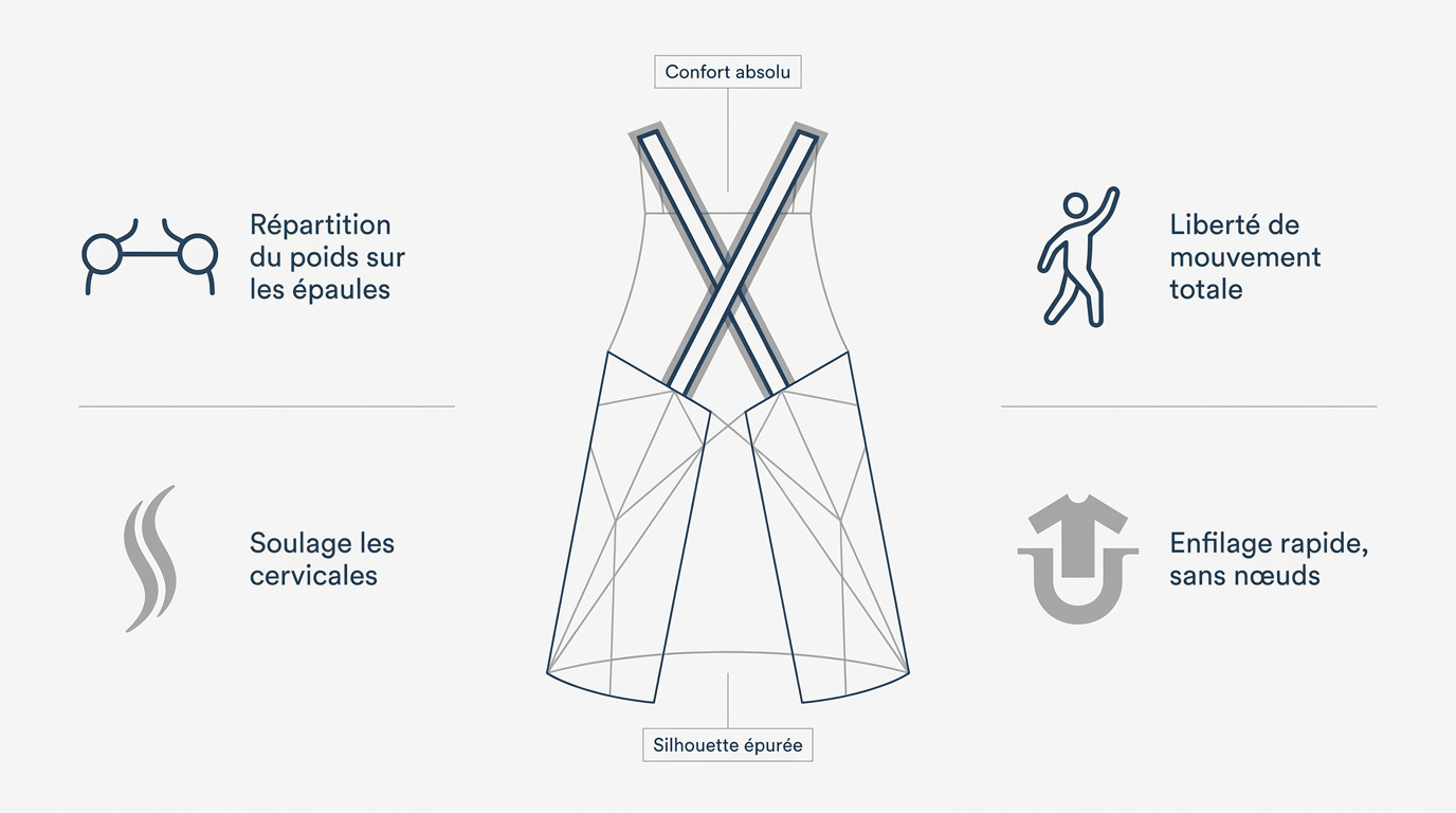 Infographie comparative entre un tablier japonais à bretelles croisées et un tablier classique