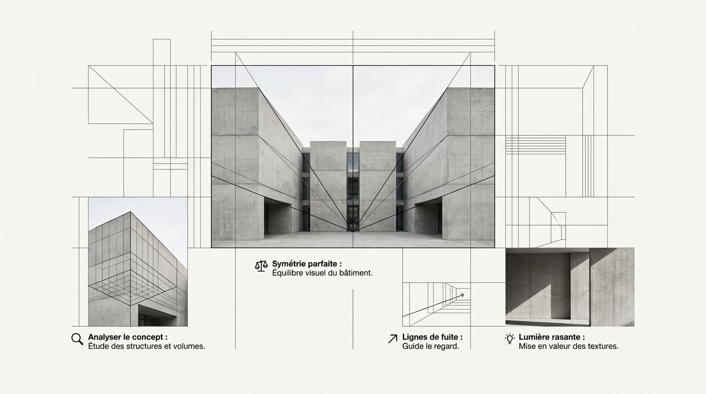 Analyse des lignes de fuite et de la symétrie sur une façade de bâtiment moderne en béton et verre