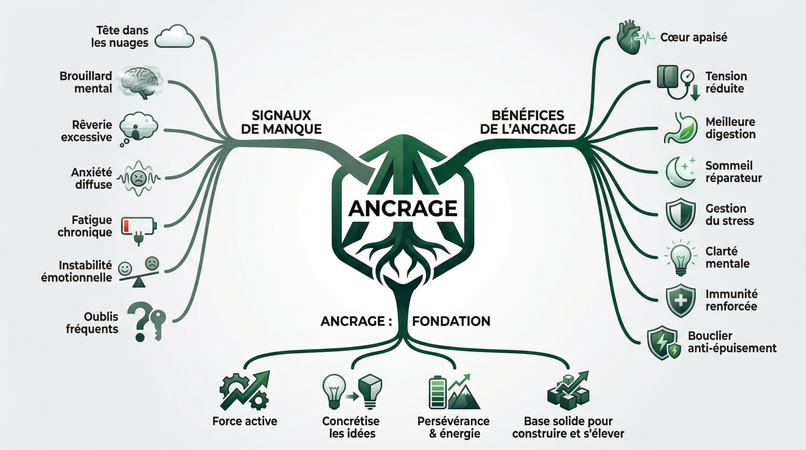 Illustration symbolisant l'ancrage spirituel, les signaux de déconnexion et les fondations solides pour les projets
